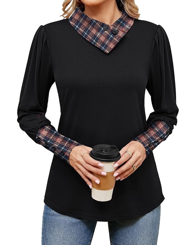 Women’s 2024 Fashion Puff Long Sleeve Shirts Button Cowl Neck Tops Tunics Wear with Leggings Plaid Navy Blue $12.99 Tops