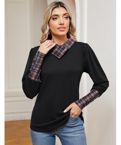 Women’s 2024 Fashion Puff Long Sleeve Shirts Button Cowl Neck Tops Tunics Wear with Leggings Plaid Navy Blue $12.99 Tops