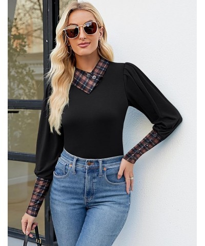 Women’s 2024 Fashion Puff Long Sleeve Shirts Button Cowl Neck Tops Tunics Wear with Leggings Plaid Navy Blue $12.99 Tops