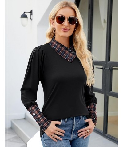 Women’s 2024 Fashion Puff Long Sleeve Shirts Button Cowl Neck Tops Tunics Wear with Leggings Plaid Navy Blue $12.99 Tops