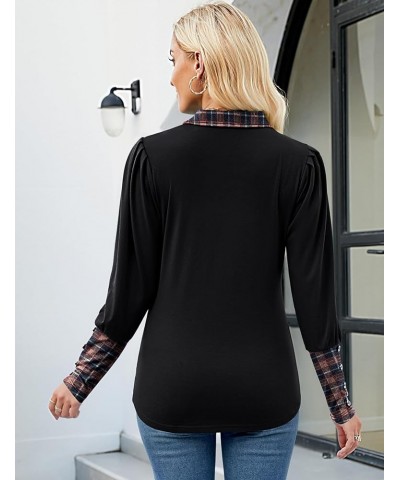 Women’s 2024 Fashion Puff Long Sleeve Shirts Button Cowl Neck Tops Tunics Wear with Leggings Plaid Navy Blue $12.99 Tops