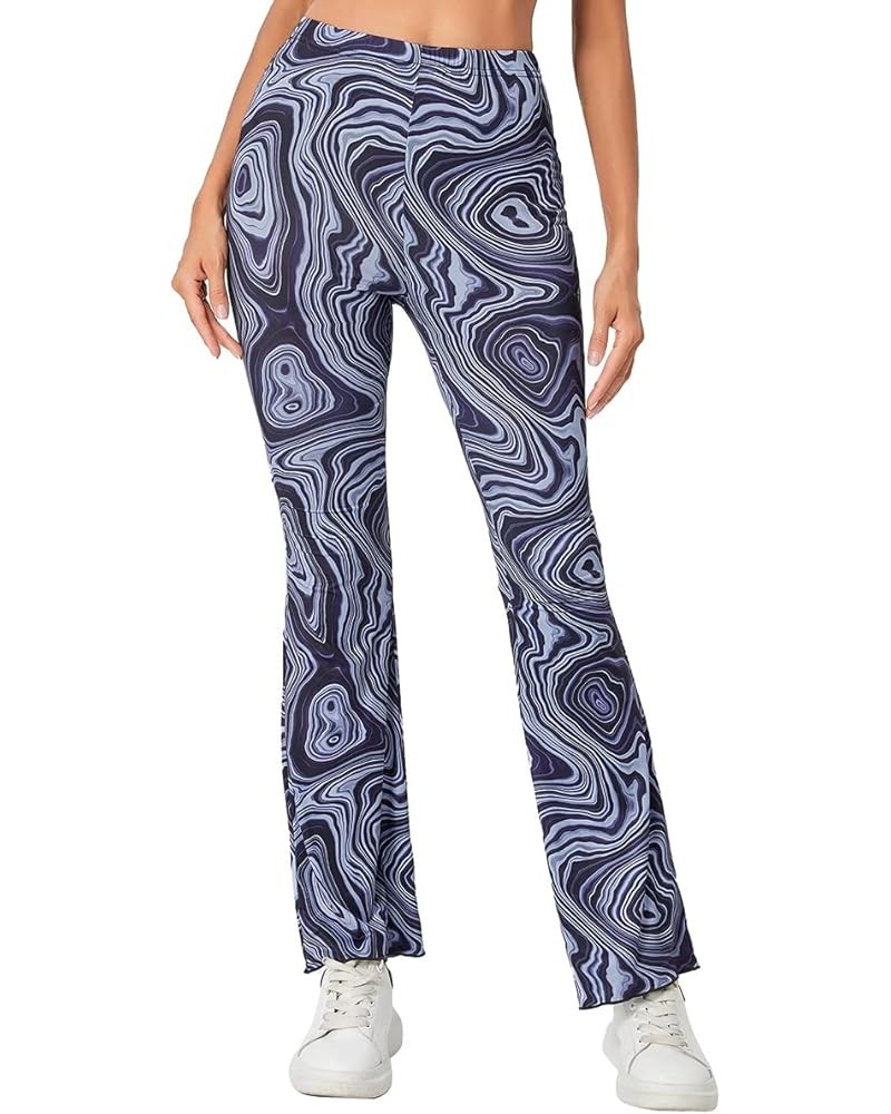 Women's Floral Print Elastic Waist Flare Leg Pants Stretchy Casual Long Pants Navy Blue $20.05 Pants