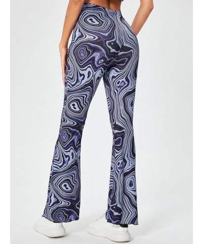 Women's Floral Print Elastic Waist Flare Leg Pants Stretchy Casual Long Pants Navy Blue $20.05 Pants