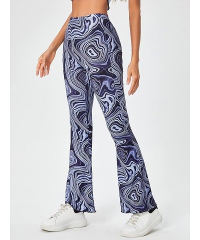 Women's Floral Print Elastic Waist Flare Leg Pants Stretchy Casual Long Pants Navy Blue $20.05 Pants