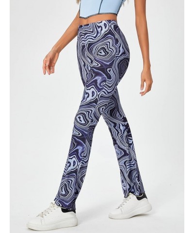 Women's Floral Print Elastic Waist Flare Leg Pants Stretchy Casual Long Pants Navy Blue $20.05 Pants