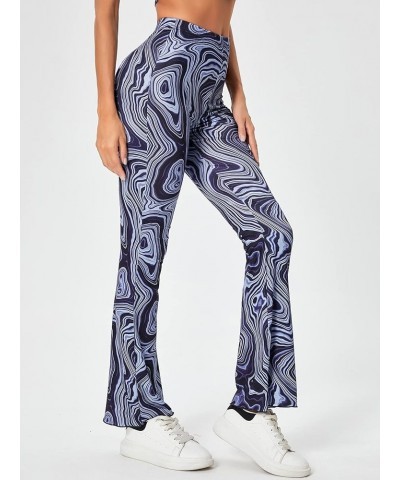 Women's Floral Print Elastic Waist Flare Leg Pants Stretchy Casual Long Pants Navy Blue $20.05 Pants