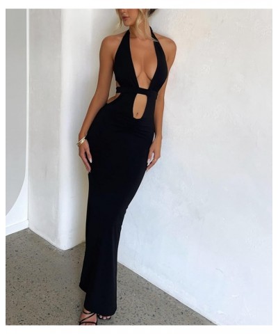 Y2K Halter Neck Maxi Dress Backless Hollow Out Slim Fit Long Dress Ruffle Night Party Beach Wear Black 4 $11.79 Swimsuits
