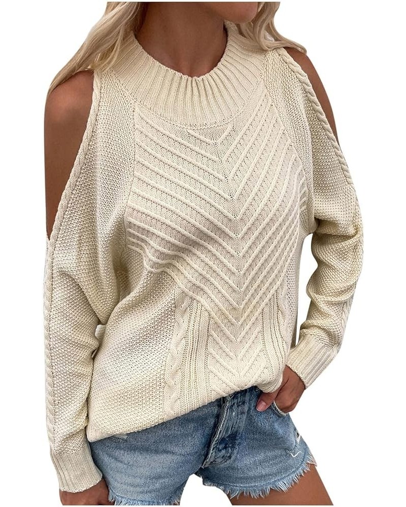 Cold Shoulder Pullover Top for Womens Long Sleeve Sweater Crewneck Chunky Knit Shirt Sexy Cutout Tunic Sweaters Jumper A01_be...