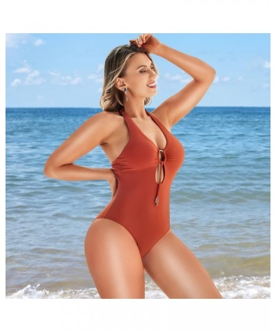 One Piece Bathing Suit for Women Tummy Control Black Ruched Swimsuit V Neck Full Coverage Slimming Monokini Swimsuits Orange ...