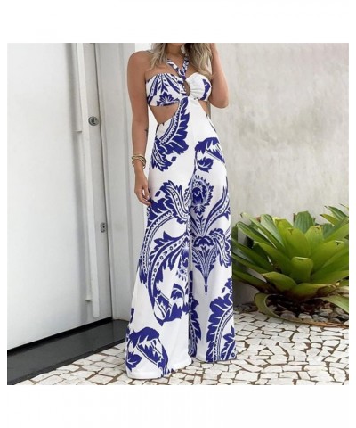 Chic Halter Neck Jumpsuit For Women Fashion Print Sexy Backless Rompers High Waist Wide Leg Long Pants Beach Overalls Blue $2...