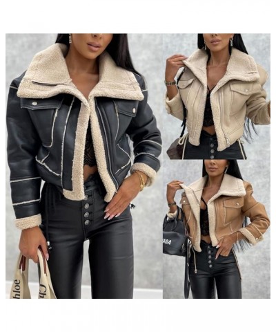 Women's Leather Sherpa Crop Jacket Faux Shearing Fur Cropped Motorcycle Jackets Long Sleeve Lapel Collar Coats Apricot $24.07...