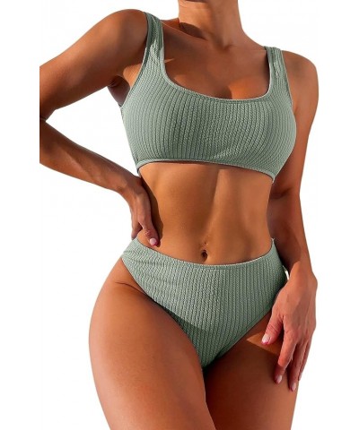 High Waisted Ribbed Tank Bikini Set Cheeky Swimsuit 2 Piece Army Green 2 $14.35 Swimsuits