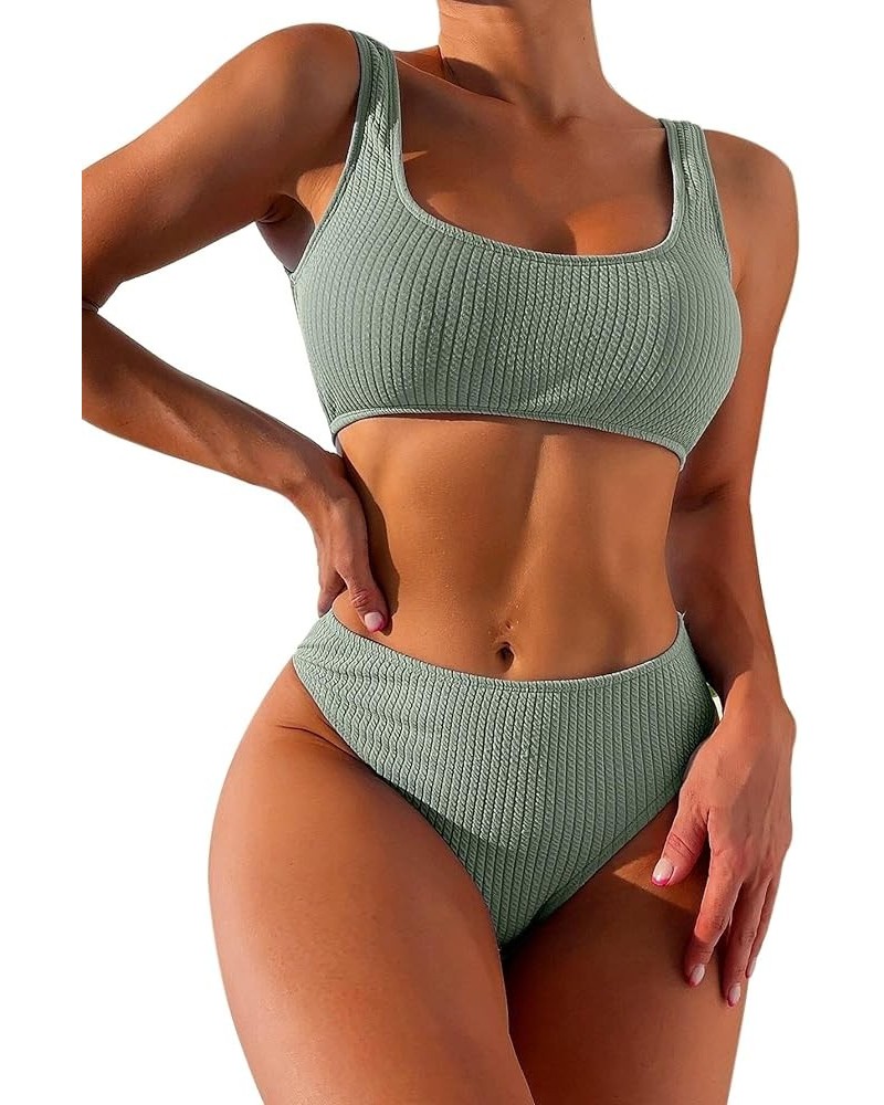 High Waisted Ribbed Tank Bikini Set Cheeky Swimsuit 2 Piece Army Green 2 $14.35 Swimsuits