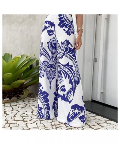 Chic Halter Neck Jumpsuit For Women Fashion Print Sexy Backless Rompers High Waist Wide Leg Long Pants Beach Overalls Blue $2...