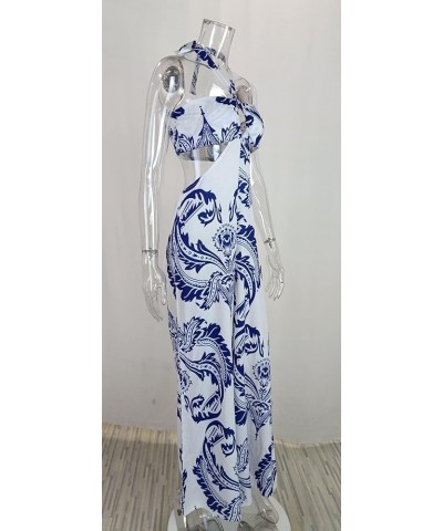 Chic Halter Neck Jumpsuit For Women Fashion Print Sexy Backless Rompers High Waist Wide Leg Long Pants Beach Overalls Blue $2...