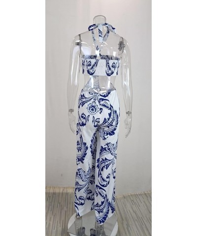 Chic Halter Neck Jumpsuit For Women Fashion Print Sexy Backless Rompers High Waist Wide Leg Long Pants Beach Overalls Blue $2...