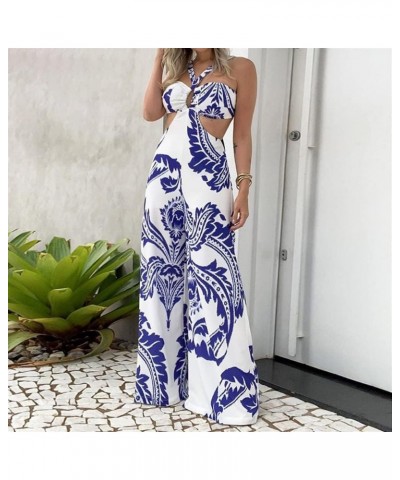 Chic Halter Neck Jumpsuit For Women Fashion Print Sexy Backless Rompers High Waist Wide Leg Long Pants Beach Overalls Blue $2...