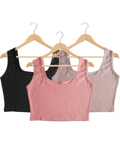 Women's Cotton Pack of Basic 3 Pieces Scoop Neck Sleeveless Ribbed Knit Casual Cropped Tank top Crop Tops for Women Black_ski...