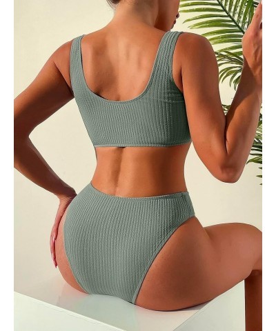 High Waisted Ribbed Tank Bikini Set Cheeky Swimsuit 2 Piece Army Green 2 $14.35 Swimsuits