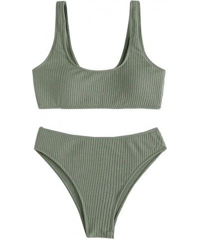 High Waisted Ribbed Tank Bikini Set Cheeky Swimsuit 2 Piece Army Green 2 $14.35 Swimsuits