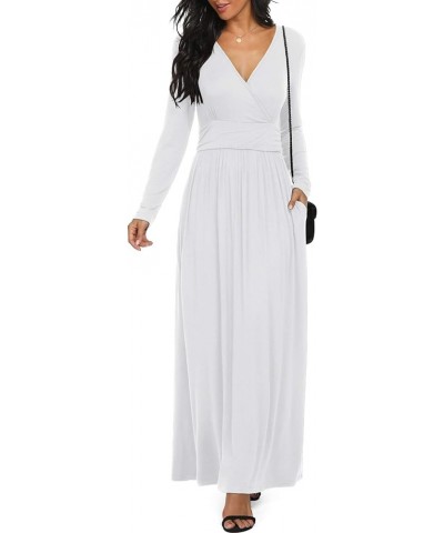 Women Long Sleeve Deep V Neck Loose Plain Long Maxi Casual Dress White $10.25 Dresses