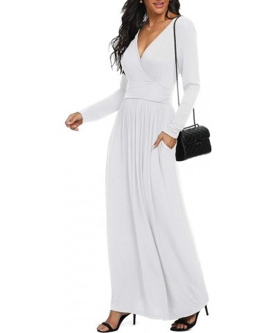 Women Long Sleeve Deep V Neck Loose Plain Long Maxi Casual Dress White $10.25 Dresses