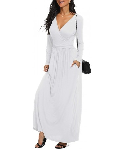 Women Long Sleeve Deep V Neck Loose Plain Long Maxi Casual Dress White $10.25 Dresses