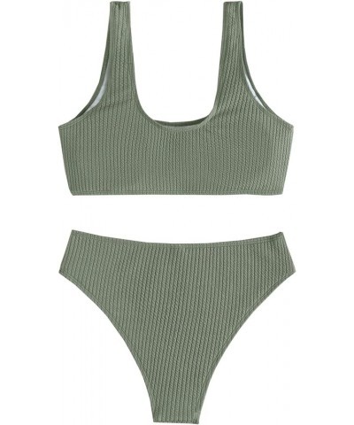 High Waisted Ribbed Tank Bikini Set Cheeky Swimsuit 2 Piece Army Green 2 $14.35 Swimsuits