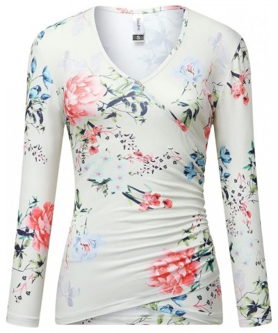 Women's Top Deep V Neck Slim Fitted T-Shirt Front Surplice Wrap Short/Long Sleeve Tees Long-floral White $13.24 T-Shirts