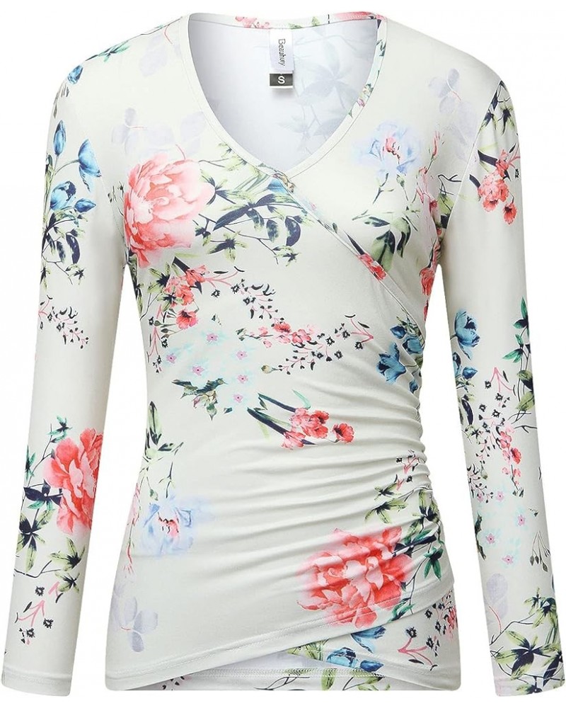 Women's Top Deep V Neck Slim Fitted T-Shirt Front Surplice Wrap Short/Long Sleeve Tees Long-floral White $13.24 T-Shirts