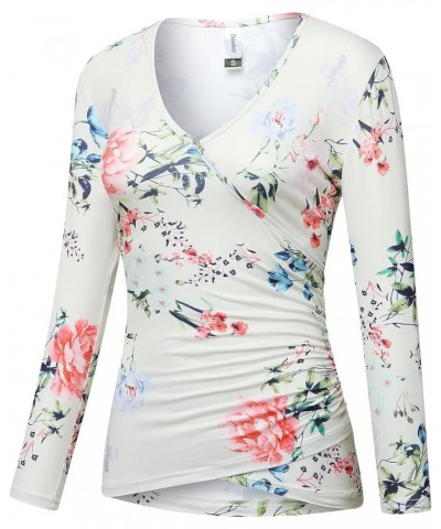 Women's Top Deep V Neck Slim Fitted T-Shirt Front Surplice Wrap Short/Long Sleeve Tees Long-floral White $13.24 T-Shirts