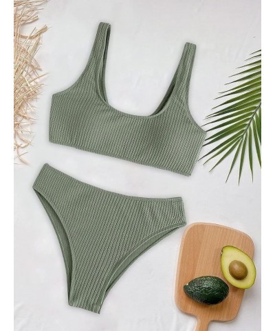 High Waisted Ribbed Tank Bikini Set Cheeky Swimsuit 2 Piece Army Green 2 $14.35 Swimsuits