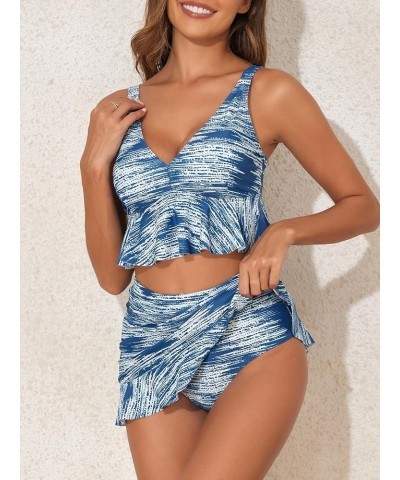 Women's Two-Piece Tankini Swimsuit High-Waisted Bikini Set with Swim Skirt Ruffle V-Neck Bathing Suit Blue White Gradient $20...