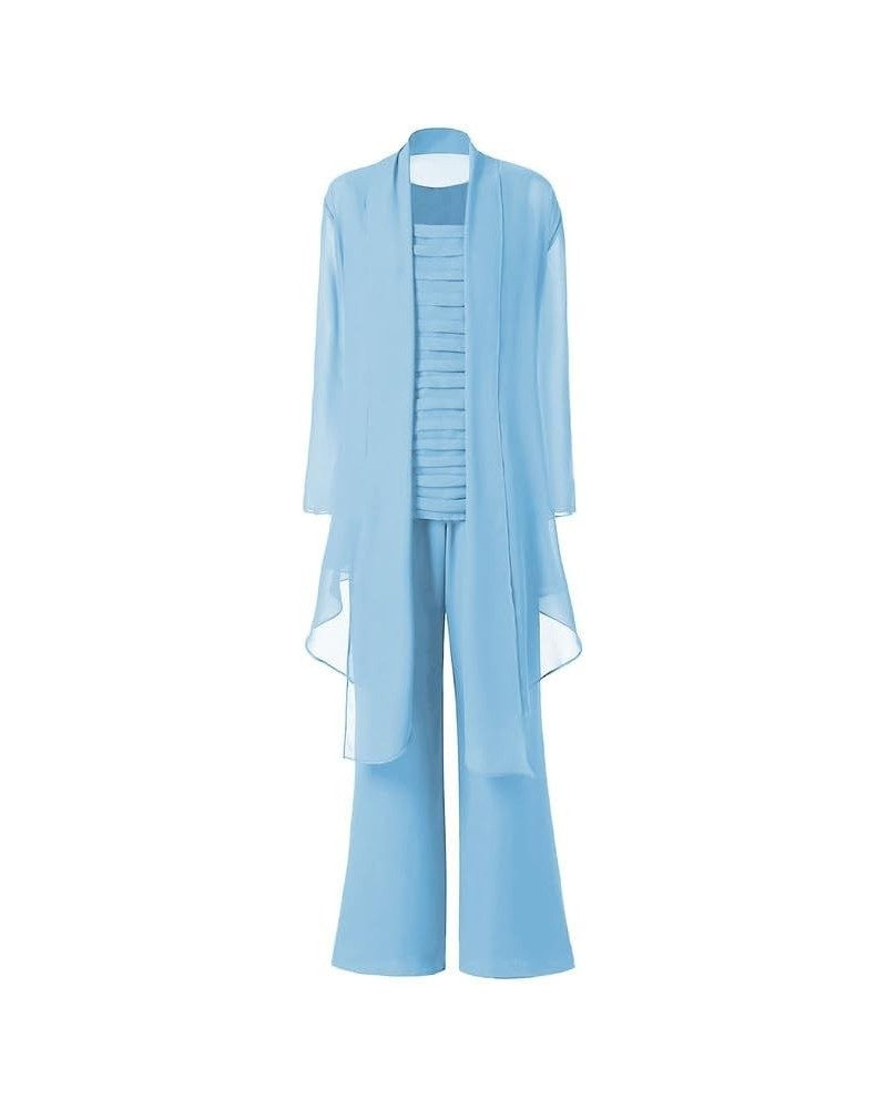 Mother of The Bride Pant Suits for Wedding 3Pcs Chiffon Evening Dress Pants with Jacket Long Formal Gown Sky Blue $37.44 Suits