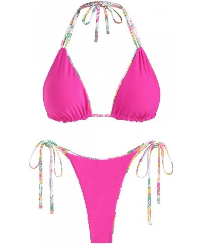 Womens Triangle Bikini Sets High Cut Tie Side 2 Piece Bathing Suits String Halter Bikini Swimsuits Reversible-pink $17.48 Swi...