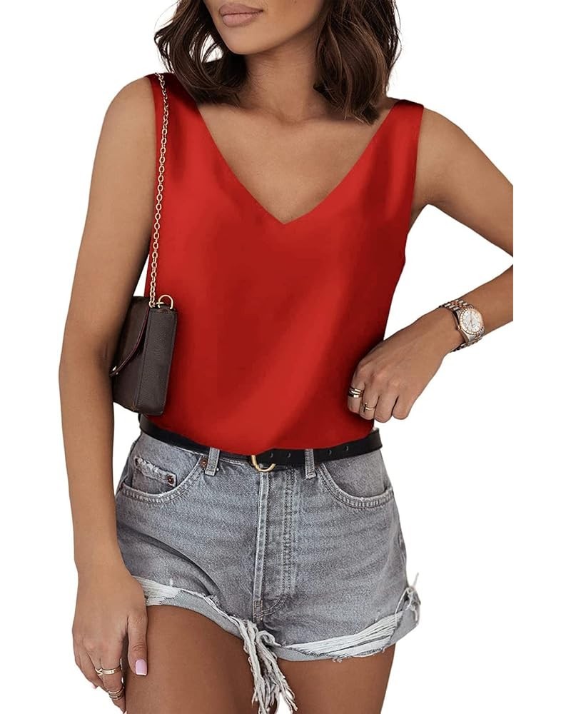 Tank Tops for Women V Neck Silk Summer Satin Sleeveless Blouses 2024 Basic Camisole Shirts XS-3XL Satin Red $16.42 Tanks