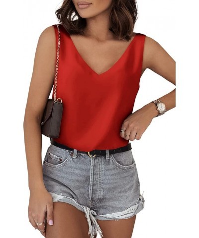 Tank Tops for Women V Neck Silk Summer Satin Sleeveless Blouses 2024 Basic Camisole Shirts XS-3XL Satin Red $16.42 Tanks