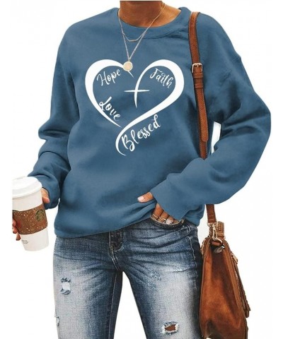 Christian Heart Sweatshirt Women Hope Faith Love Blessed Sweater Blue $16.23 Hoodies & Sweatshirts