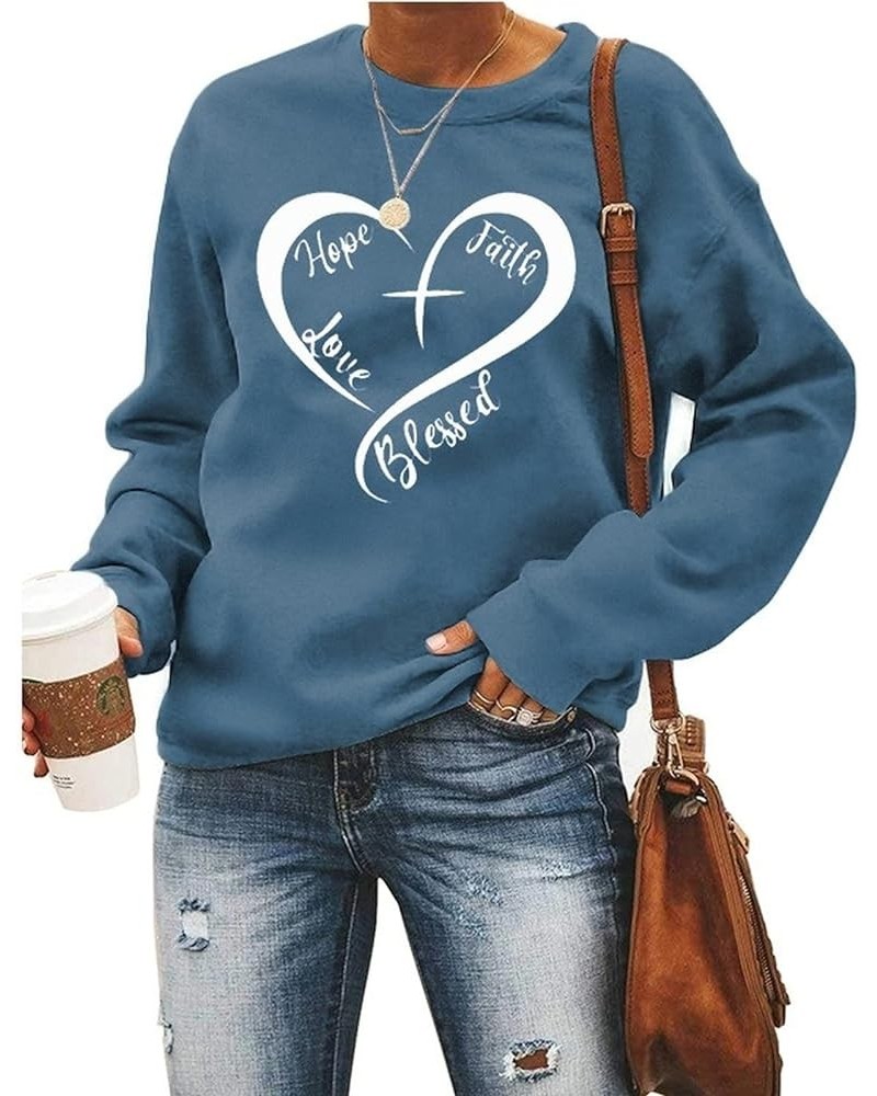 Christian Heart Sweatshirt Women Hope Faith Love Blessed Sweater Blue $16.23 Hoodies & Sweatshirts