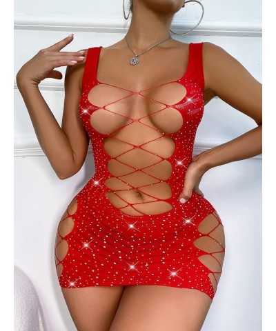 Lingerie for Women Rhinestone Studded Cut-Out Bodycon Dress Sleep & Lounge (Color : Black, Size : One-Size) One Size Red $14....