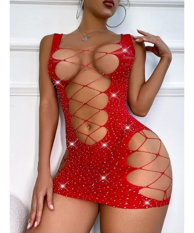 Lingerie for Women Rhinestone Studded Cut-Out Bodycon Dress Sleep & Lounge (Color : Black, Size : One-Size) One Size Red $14....