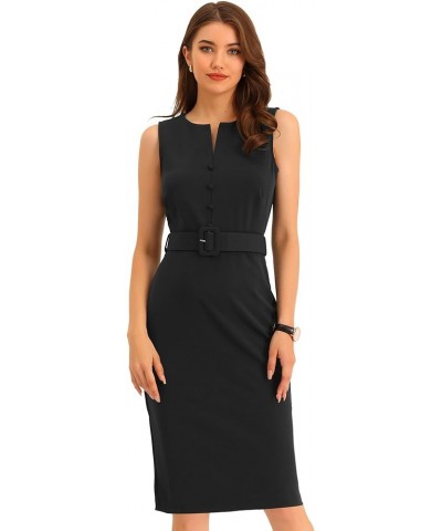 Sleeveless Work Sheath Dress for Women's Elegant Round Neck Belted Bodycon Pencil Dress Black $27.53 Dresses