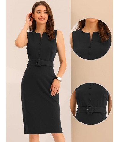 Sleeveless Work Sheath Dress for Women's Elegant Round Neck Belted Bodycon Pencil Dress Black $27.53 Dresses