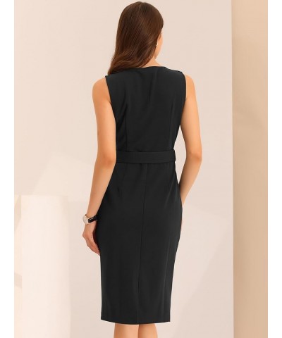 Sleeveless Work Sheath Dress for Women's Elegant Round Neck Belted Bodycon Pencil Dress Black $27.53 Dresses