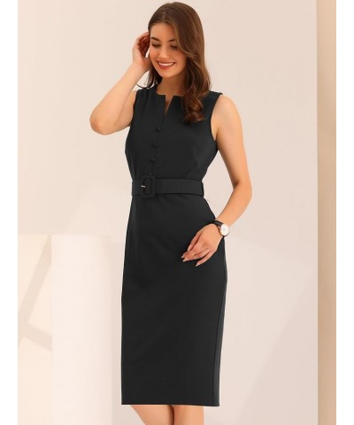 Sleeveless Work Sheath Dress for Women's Elegant Round Neck Belted Bodycon Pencil Dress Black $27.53 Dresses