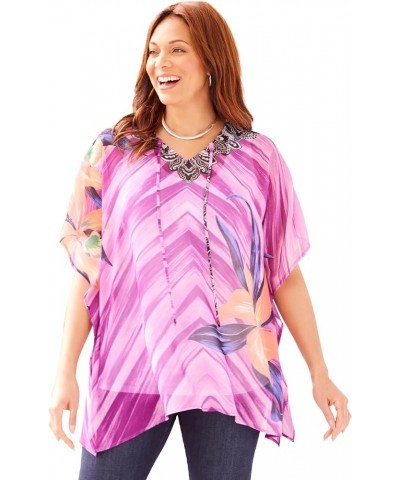 Women's Plus Size Georgette Peasant Poncho Berry Pink Tropical Chevron $25.70 Blouses