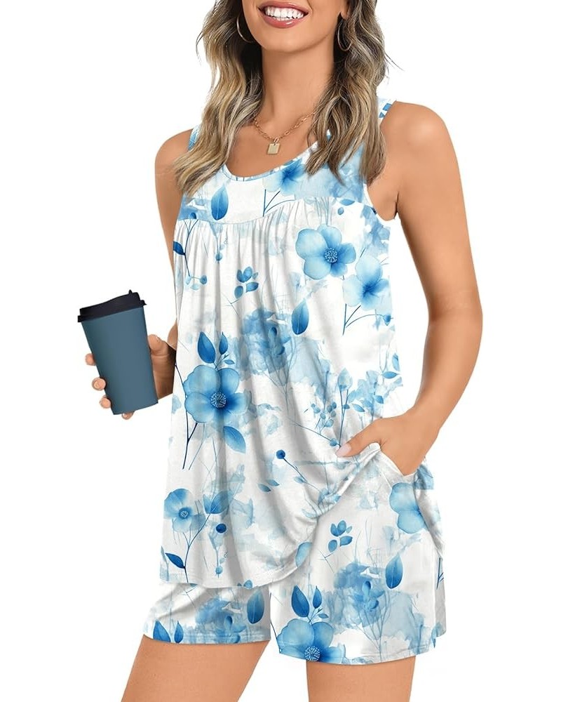 2024 Summer 2 Piece Womens Pajama Sets Sleeveless Casual Lounge Sleepwear Ladies Pjs Sets with Pocket 28-light Blue Floral $1...