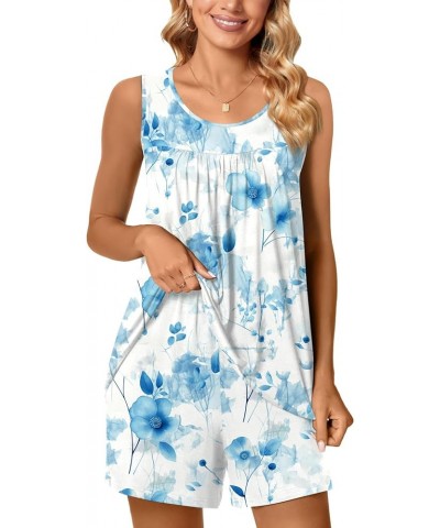 2024 Summer 2 Piece Womens Pajama Sets Sleeveless Casual Lounge Sleepwear Ladies Pjs Sets with Pocket 28-light Blue Floral $1...