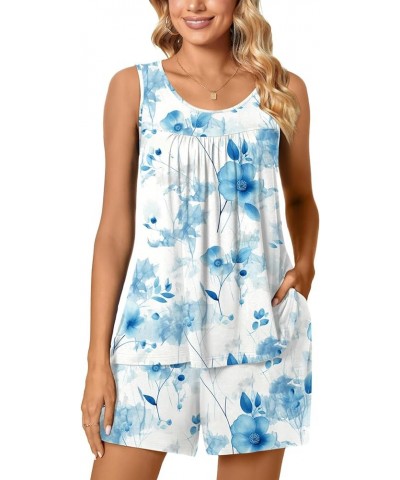 2024 Summer 2 Piece Womens Pajama Sets Sleeveless Casual Lounge Sleepwear Ladies Pjs Sets with Pocket 28-light Blue Floral $1...