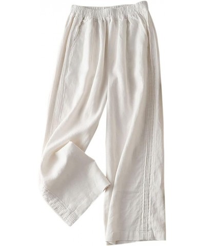 Women's Linen Pants Elastic Pleated Wide Leg Straight Fit Palazzo Pants Long Style White $20.70 Pants